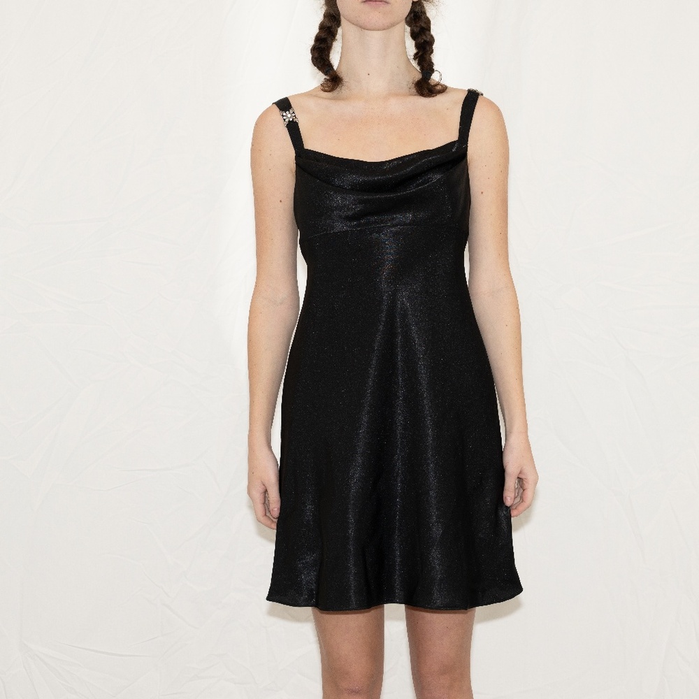 Vintage 90s black formal mini dress cowl neck w/ rhinestones size medium jump